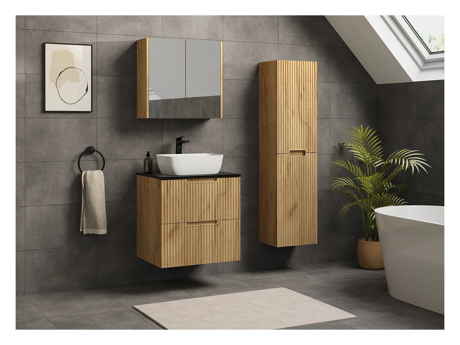 Meuble de salle de bain VENA avec façade rainurée 46 x 60 x 57 chêne doré