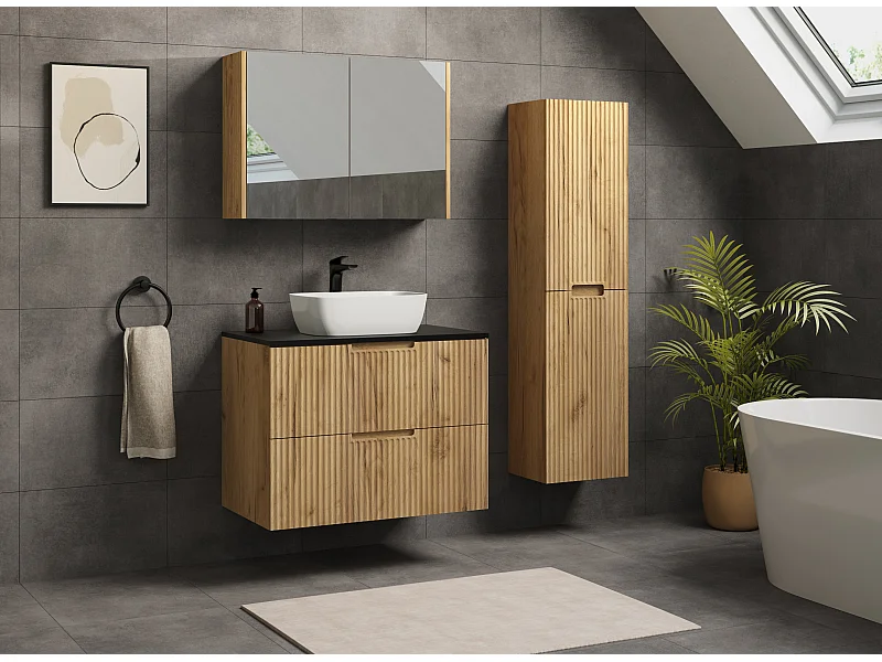 Meuble de salle de bain VENA avec façade rainurée 46 x 80 x 57 chêne doré