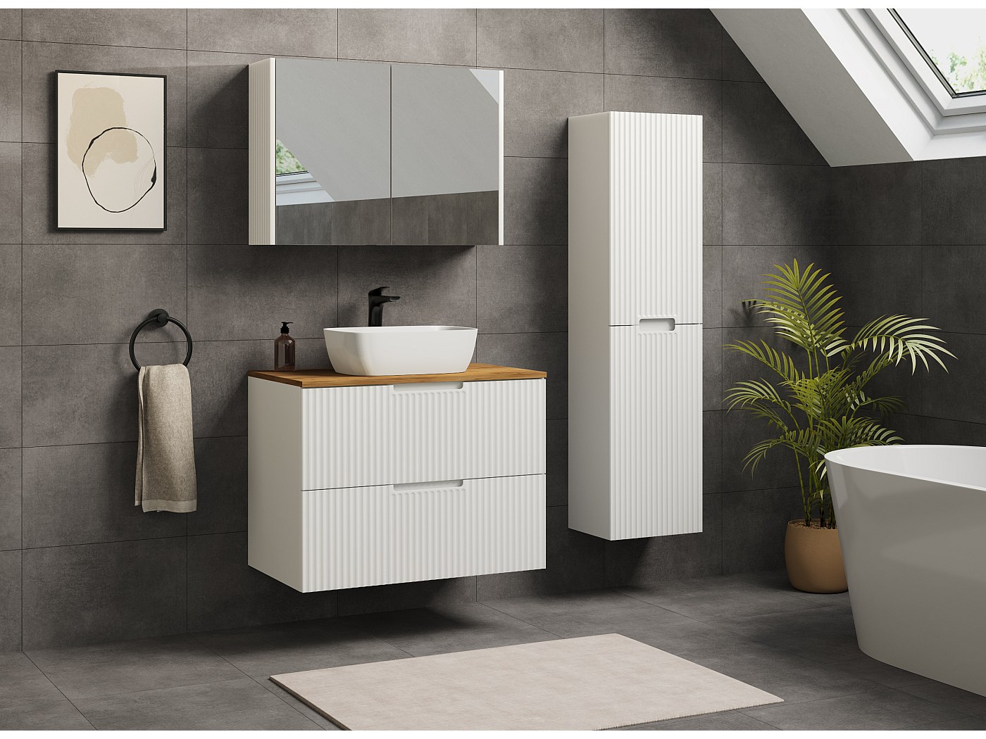 Badkamermeubel Met Wastafel | 100 Cm Greeploos Front Quartz 2 Lades Onder Elkaar 81909