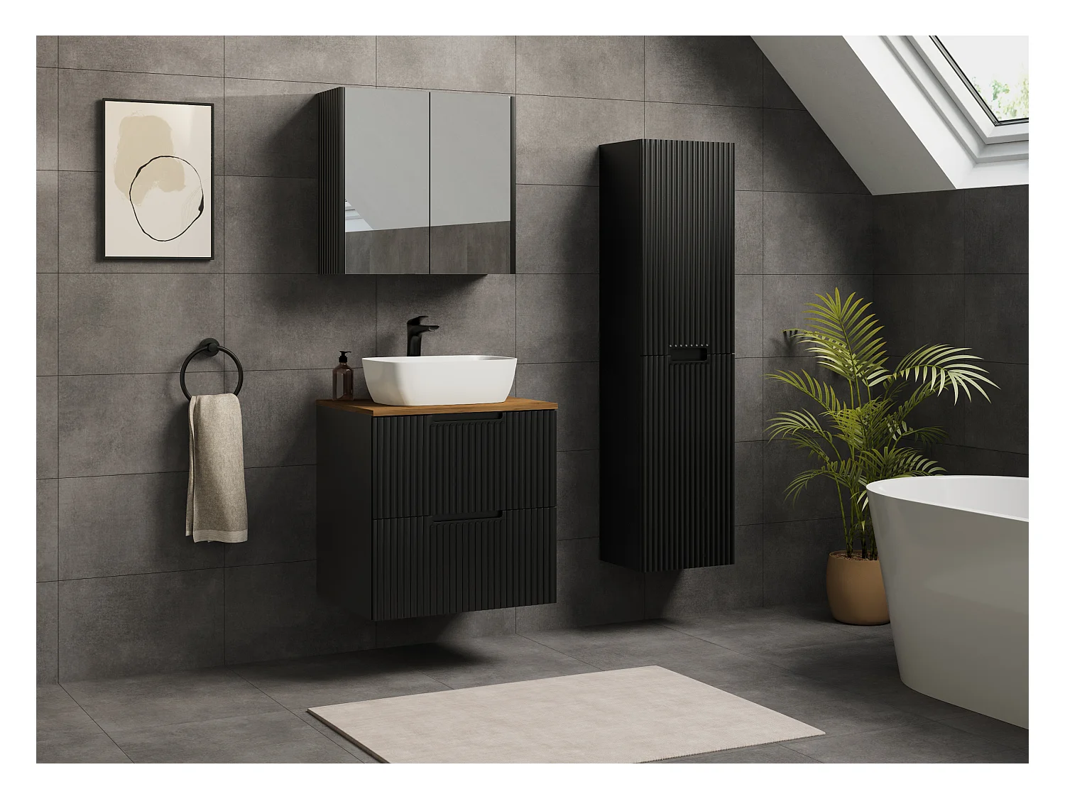 Meuble de salle de bain VENA avec façade rainurée 46 x 60 x 57 noir
