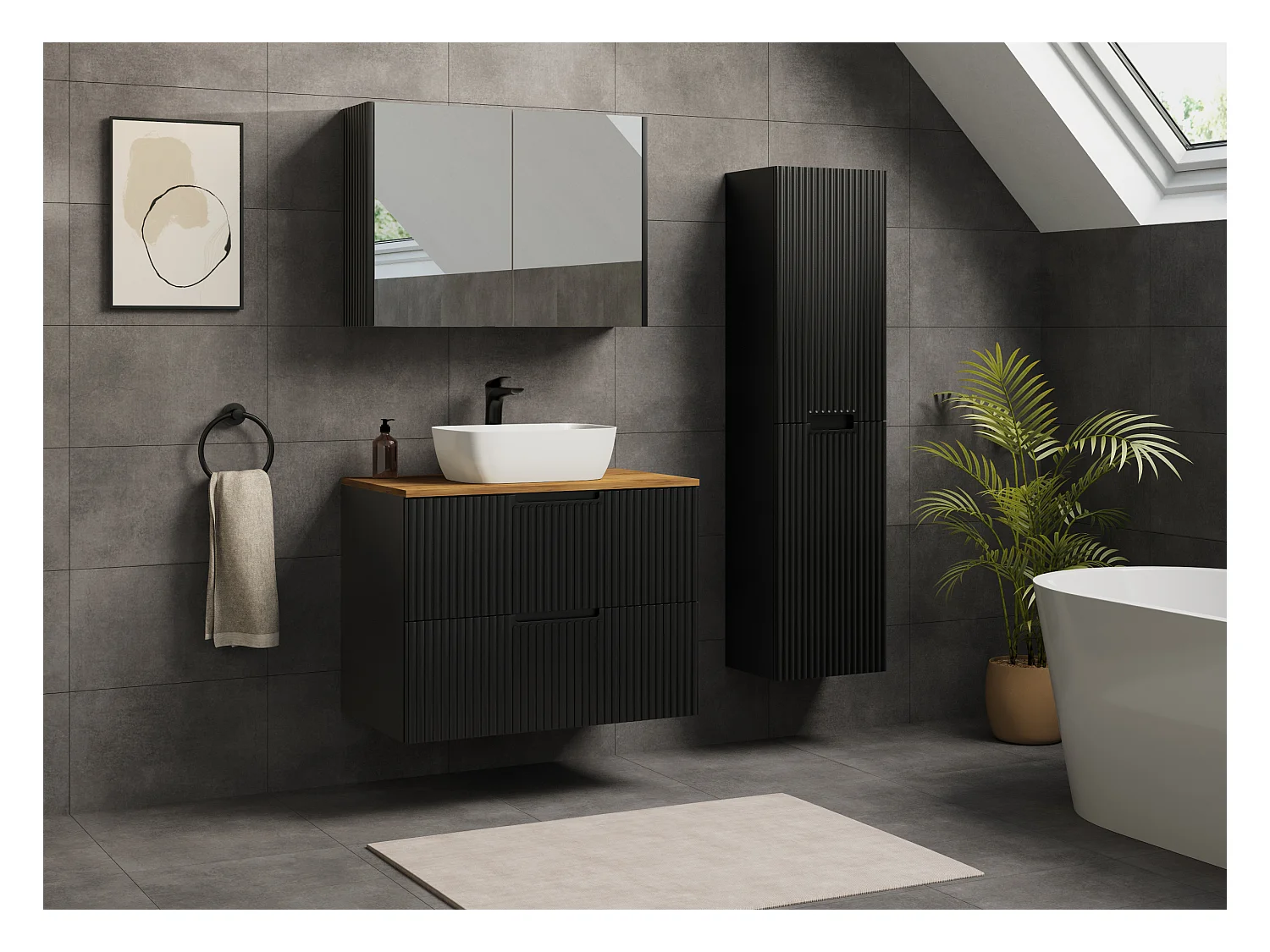 Meuble de salle de bain VENA avec façade rainurée 46 x 80 x 57 noir