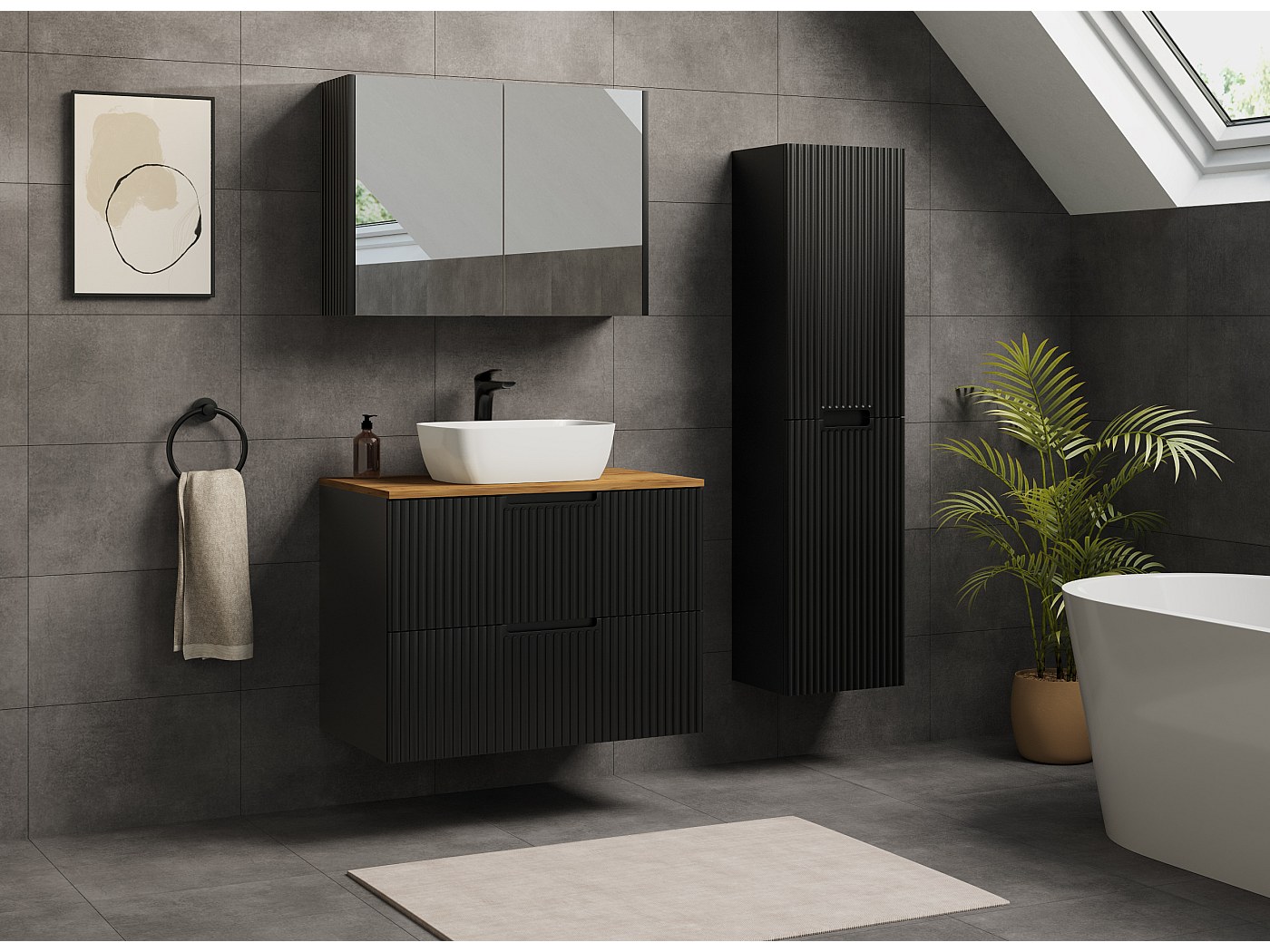 Mobile Per Bagno Sospeso Scanalato Nero Con Lavabo Da Incasso, 120 Cm Nero Zevara