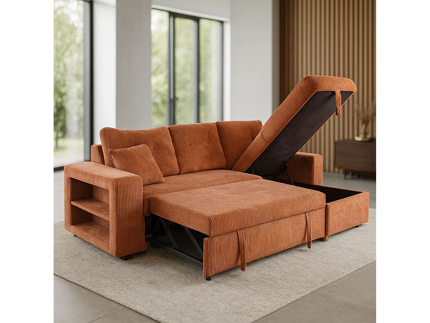 Canapé d'angle convertible 4 places avec coffre en velours côtelé terracotta GLASGOW