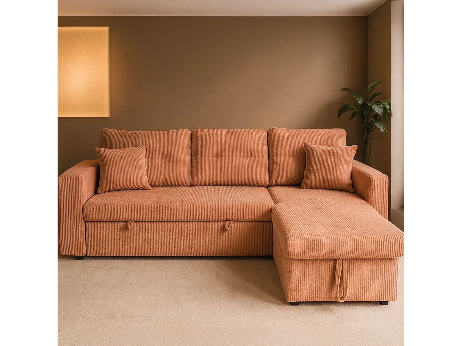 Canapé d'angle convertible 4 places avec coffre en velours côtelé terracotta GLASGOW