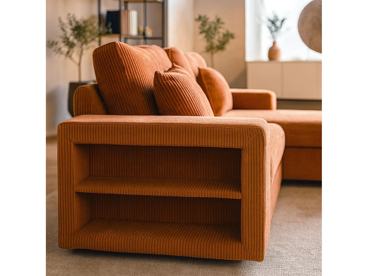 Canapé d'angle convertible 4 places avec coffre en velours côtelé terracotta GLASGOW