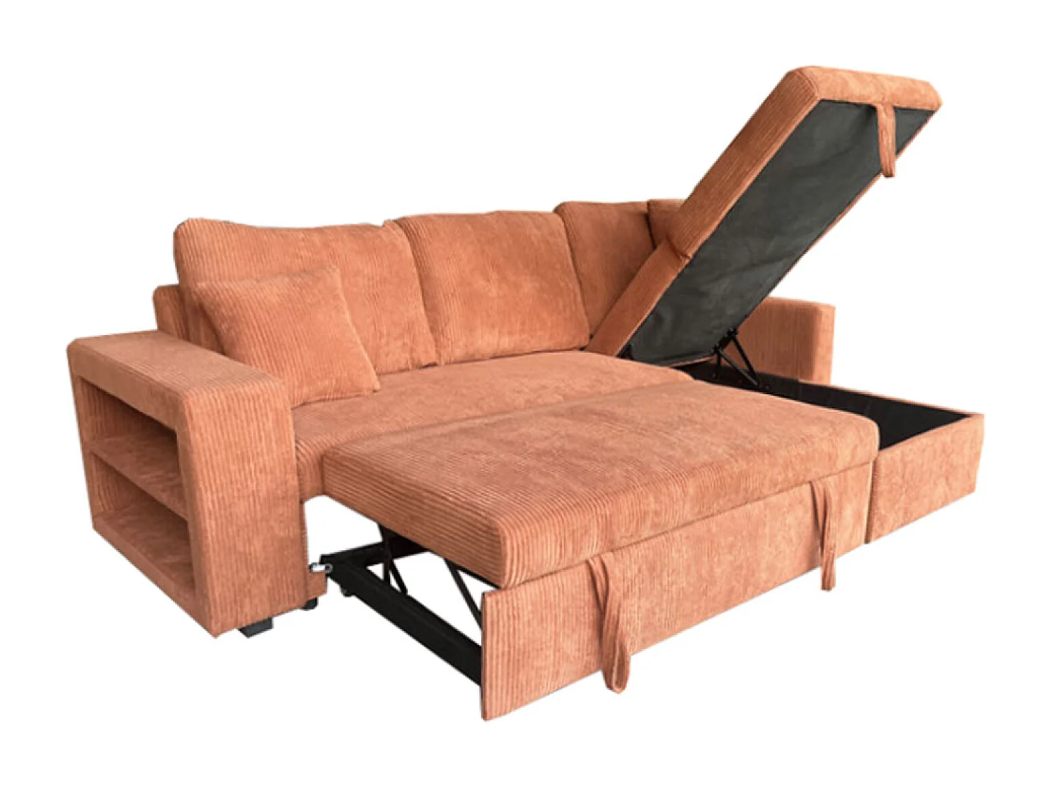 Canapé d'angle convertible 4 places avec coffre en velours côtelé terracotta GLASGOW