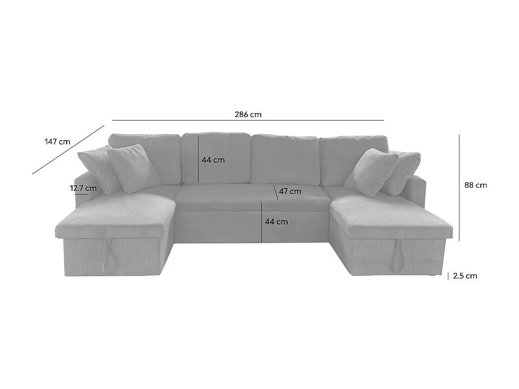 Canapé panoramique convertible avec coffres 4 places en velours côtelé gris MAHÉ