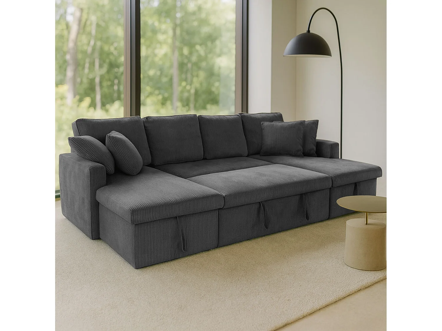 Canapé panoramique convertible avec coffres 4 places en velours côtelé gris MAHÉ