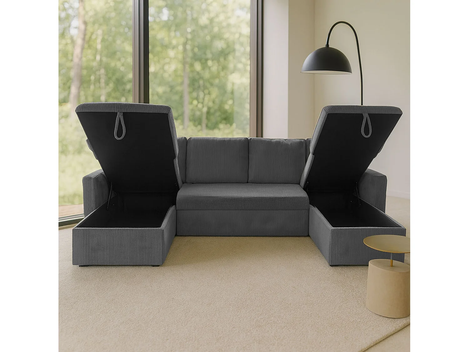 Canapé d'angle panoramique convertible clic-clac 4 places avec coffre en velours gris anthracite