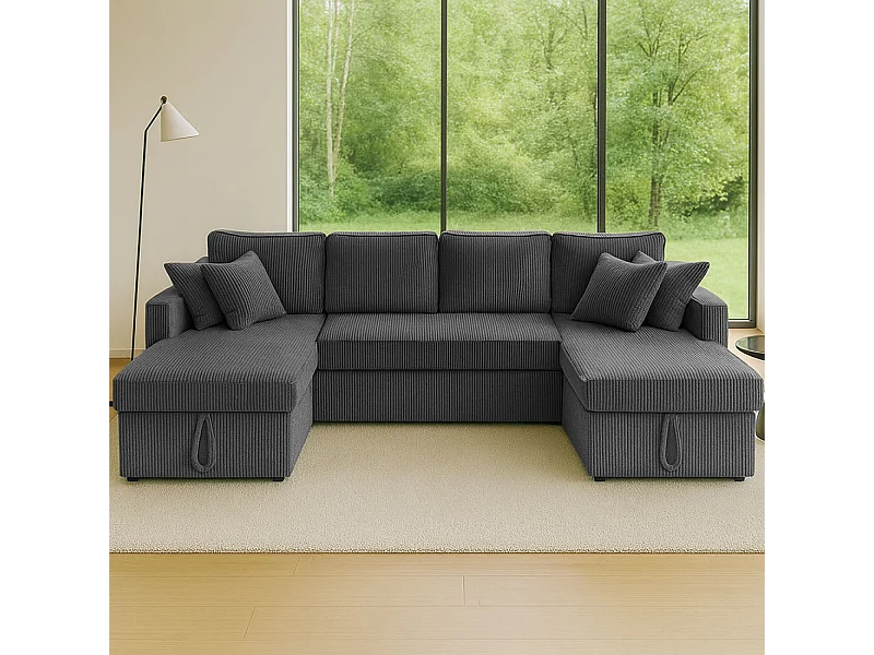 Canapé panoramique convertible avec coffres 4 places en velours côtelé gris MAHÉ