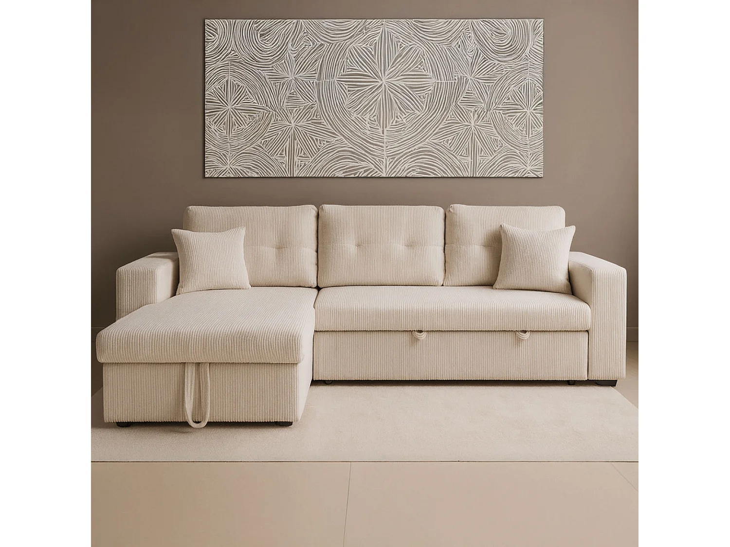 Canapé d'angle convertible 4 places avec coffre en velours côtelé beige GLASGOW
