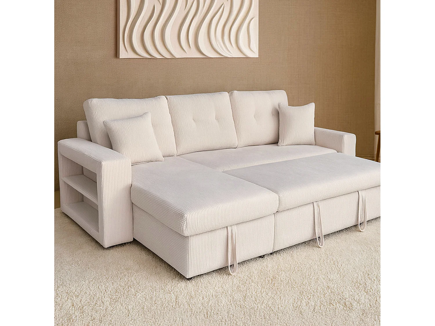 Canapé d'angle convertible 4 places avec coffre en velours côtelé beige GLASGOW