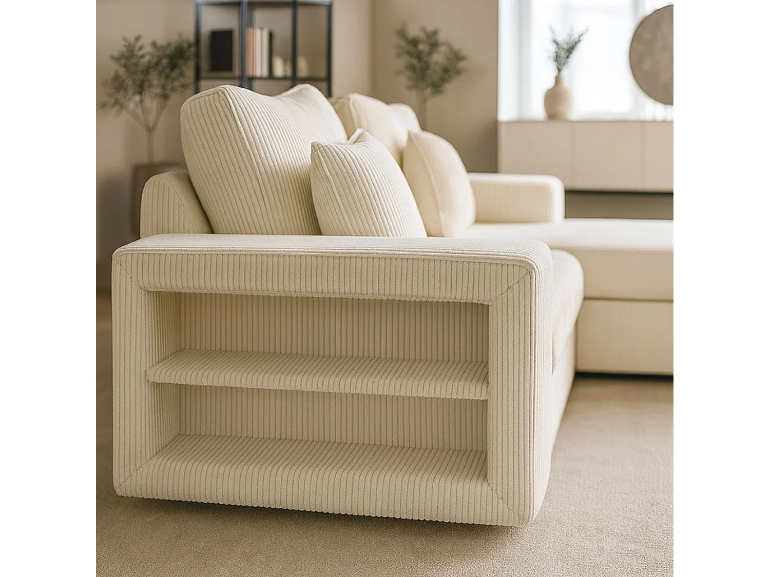 Canapé d'angle convertible 4 places avec coffre en velours côtelé beige GLASGOW