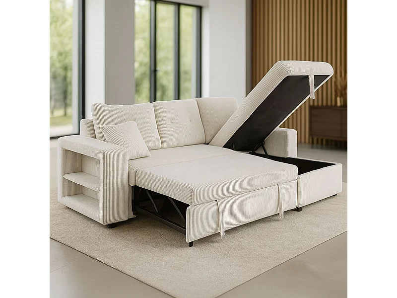 Canapé d'angle convertible 4 places avec coffre en velours côtelé beige GLASGOW