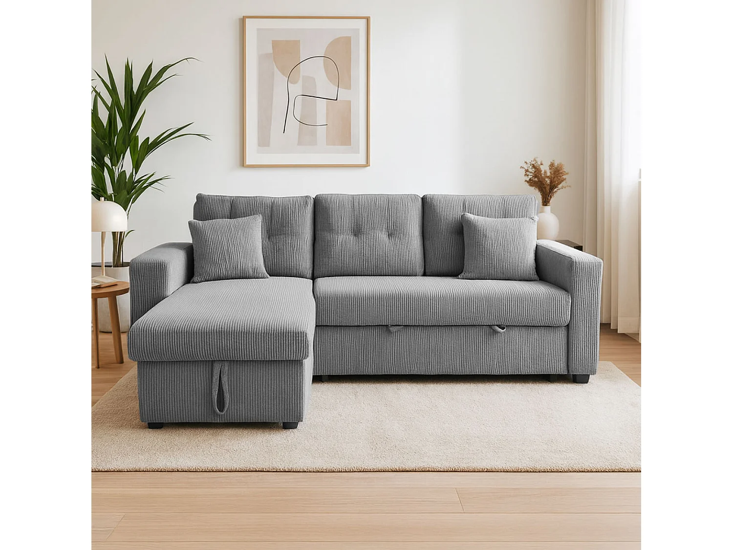 Canapé d'angle convertible 4 places avec coffre en velours côtelé gris GLASGOW