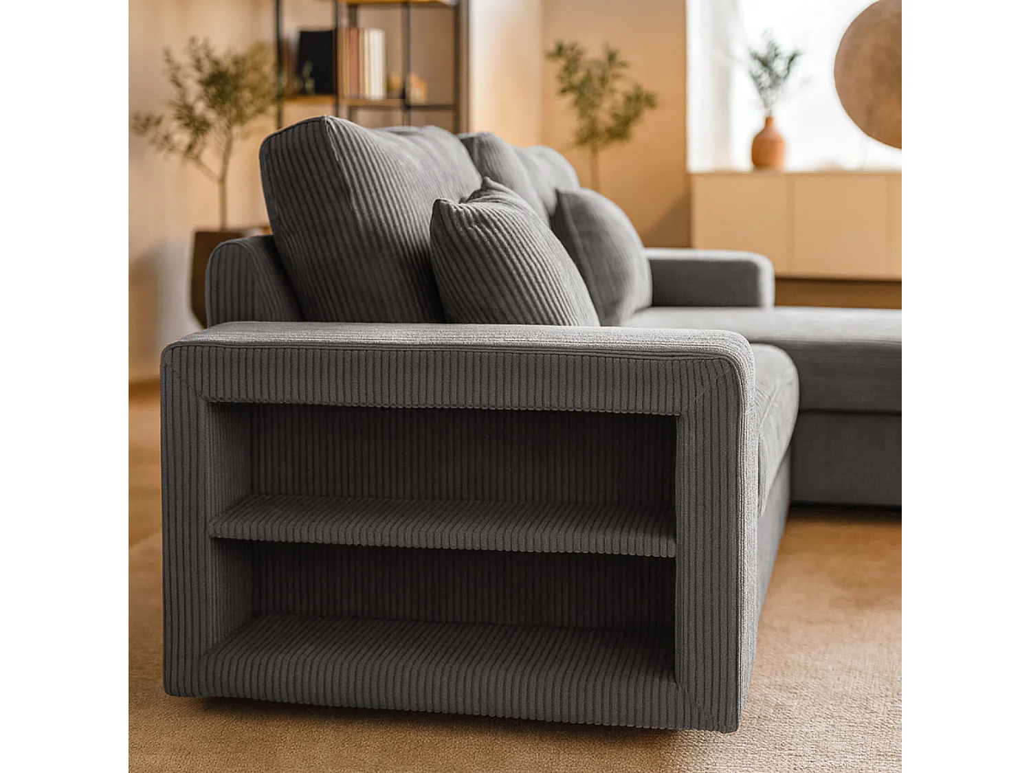 Canapé d'angle convertible 4 places avec coffre en velours côtelé gris GLASGOW