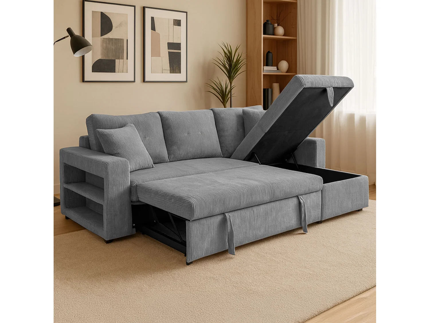 Canapé d'angle convertible 4 places avec coffre en velours côtelé gris GLASGOW
