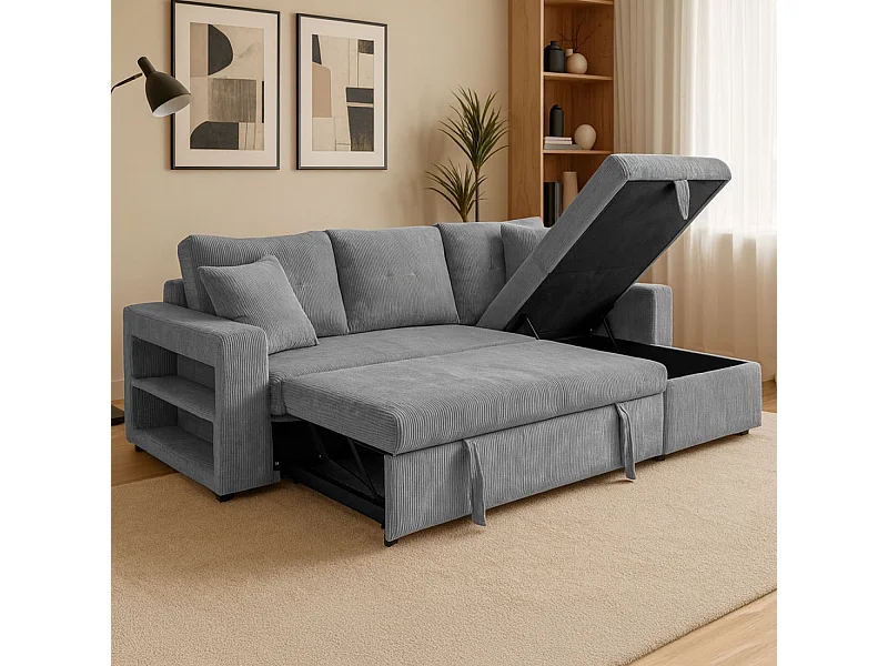 Canapé d'angle convertible 4 places avec coffre en velours côtelé gris GLASGOW