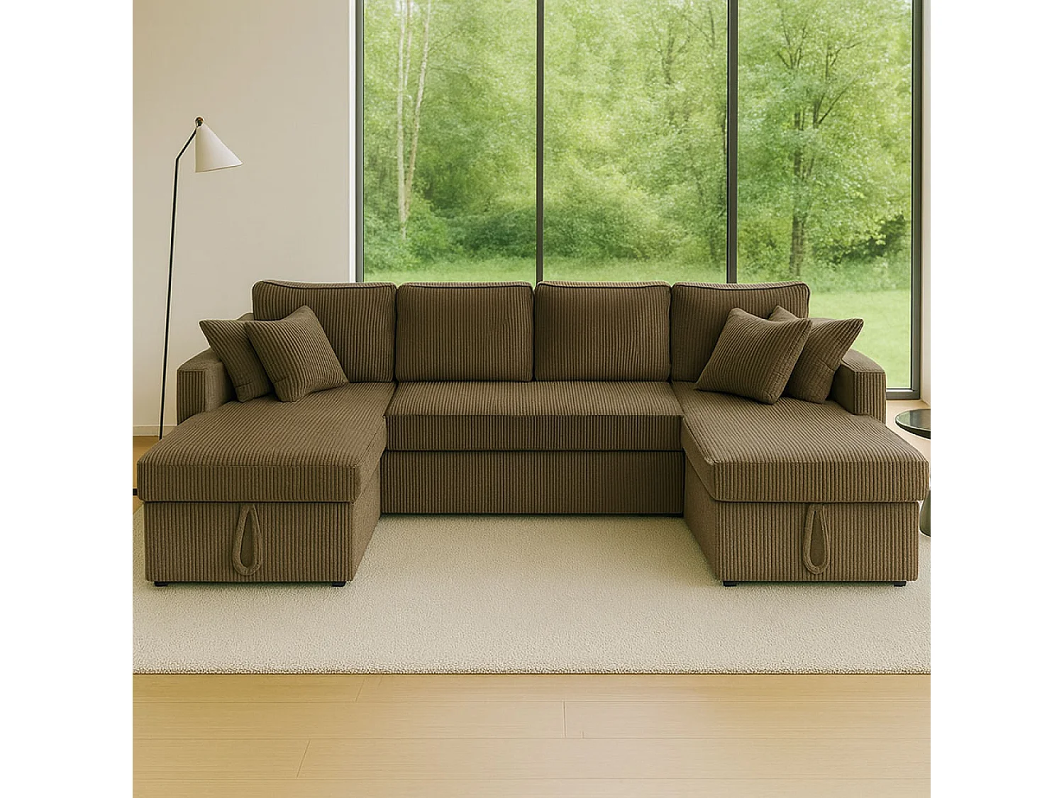 Canapé panoramique convertible avec coffres 4 places en velours côtelé vert MAHÉ