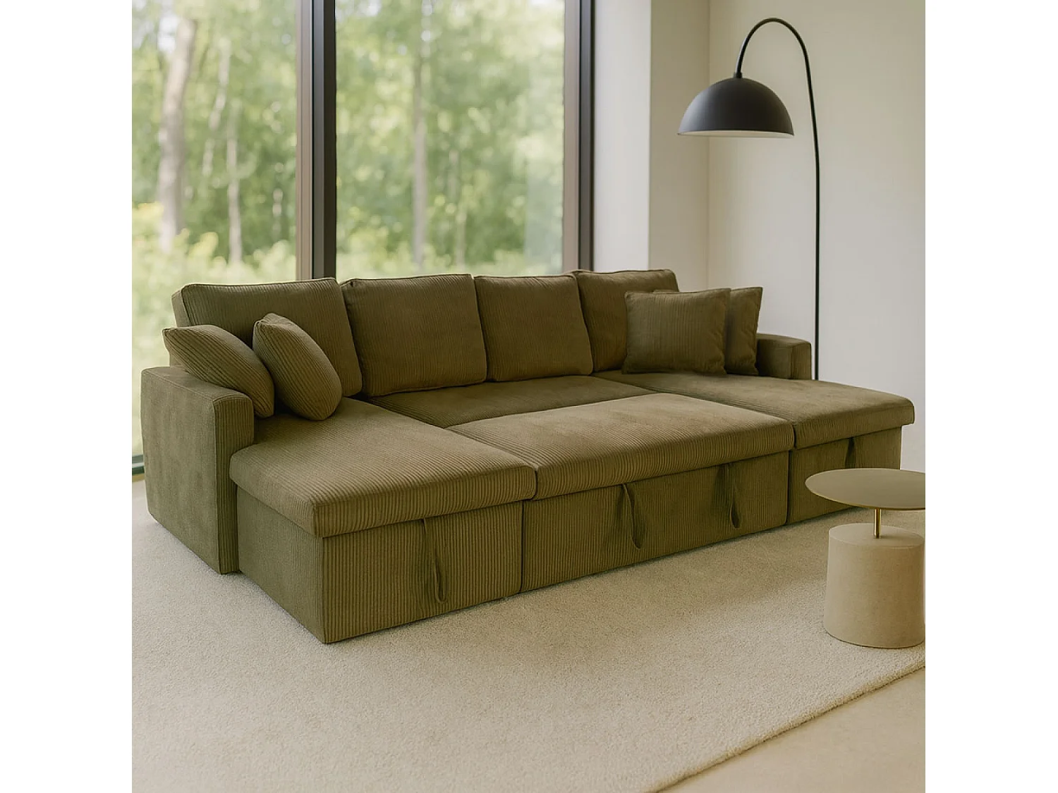 Canapé panoramique convertible avec coffres 4 places en velours côtelé vert MAHÉ