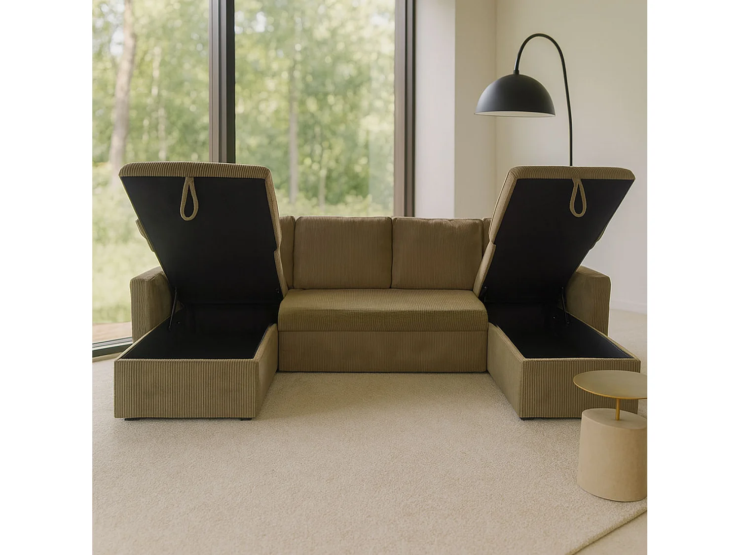 Canapé panoramique convertible avec coffres 4 places en velours côtelé vert MAHÉ