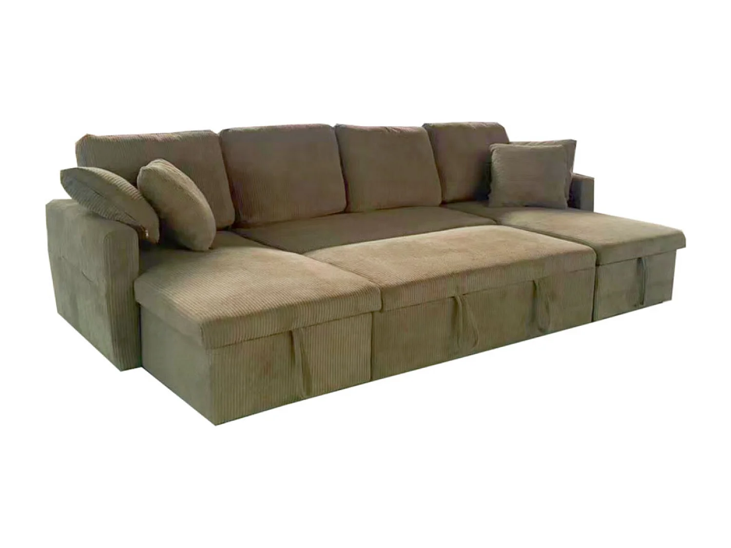 Canapé panoramique convertible avec coffres 4 places en velours côtelé vert MAHÉ