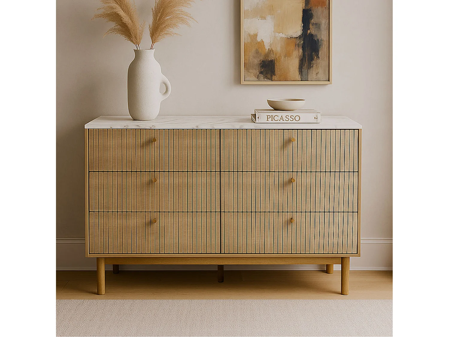 Buffet 6 tiroirs aspect bois rainuré et marbre 120cm BROX