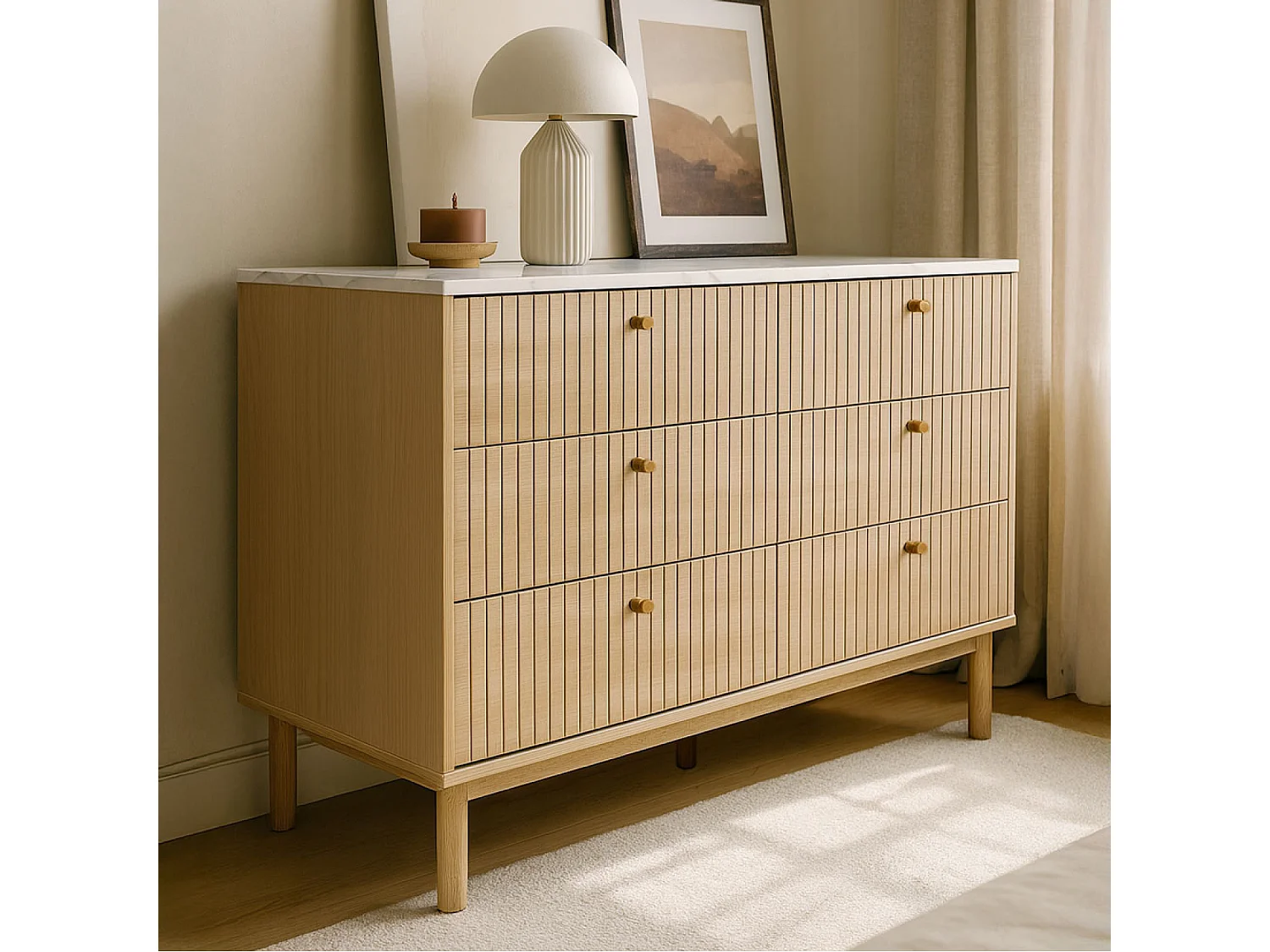 Buffet 6 tiroirs aspect bois rainuré et marbre 120cm BROX