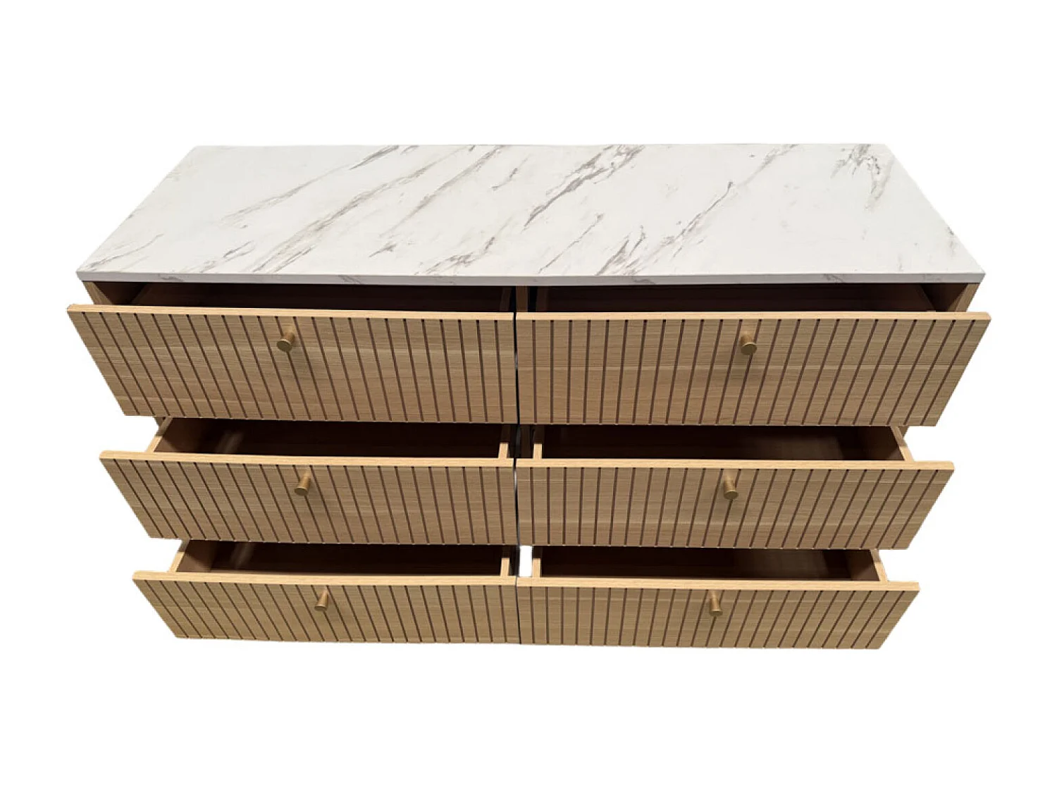 Buffet 6 tiroirs aspect bois rainuré et marbre 120cm BROX