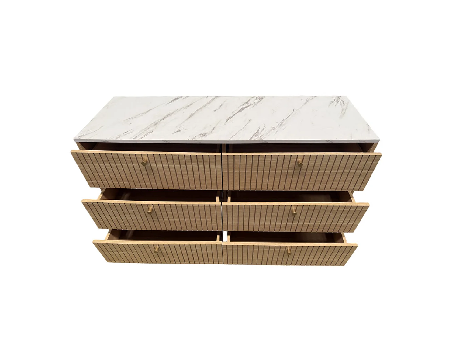 Buffet 6 tiroirs aspect bois rainuré et marbre 120cm BROX