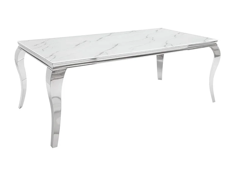 Table de salle à manger VELENA 180 cm – Plateau en verre effet marbre blanc – Structure en acier argenté