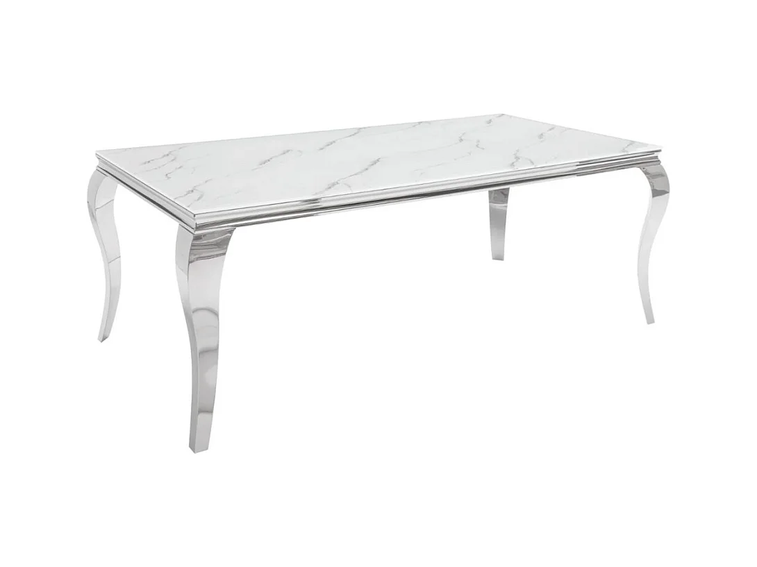 Table de salle à manger VELENA 180 cm – Plateau en verre effet marbre blanc – Structure en acier argenté