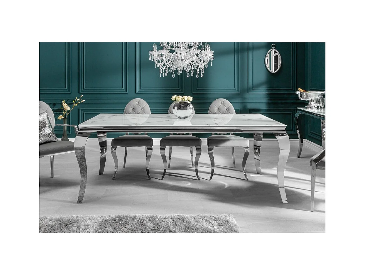 Table de salle à manger VELENA 180 cm – Plateau en verre effet marbre blanc – Structure en acier argenté