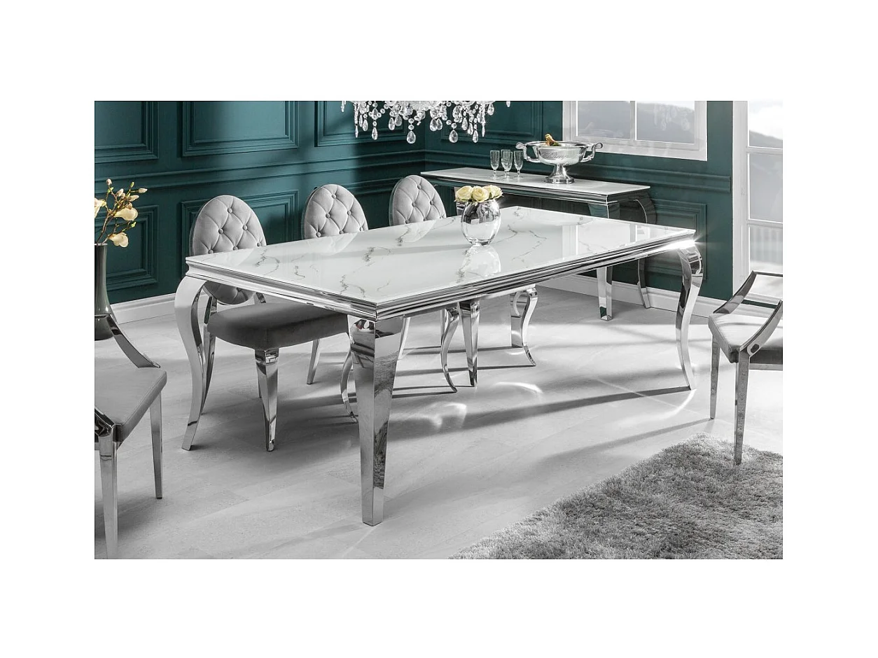 Table de salle à manger VELENA 180 cm – Plateau en verre effet marbre blanc – Structure en acier argenté