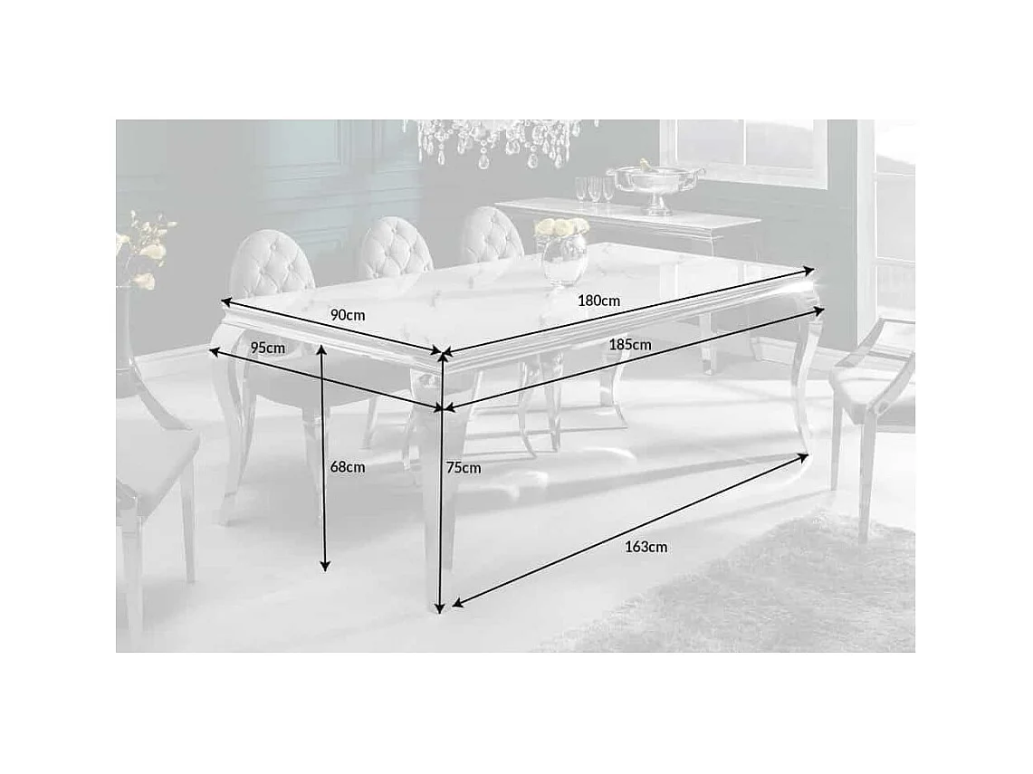 Table de salle à manger VELENA 180 cm – Plateau en verre effet marbre blanc – Structure en acier argenté