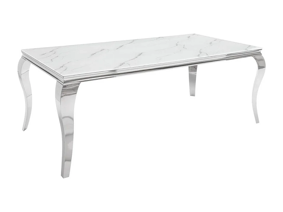 Table de salle à manger VELENA 180 cm – Plateau en verre effet marbre blanc – Structure en acier argenté