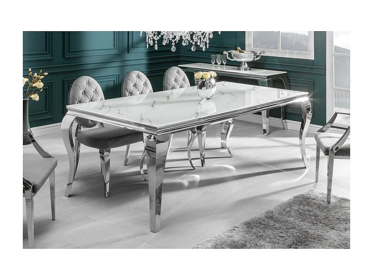 Table de salle à manger VELENA 180 cm – Plateau en verre effet marbre blanc – Structure en acier argenté