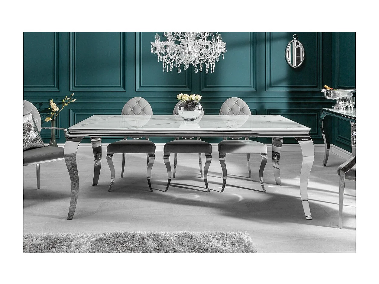 Table de salle à manger VELENA 180 cm – Plateau en verre effet marbre blanc – Structure en acier argenté