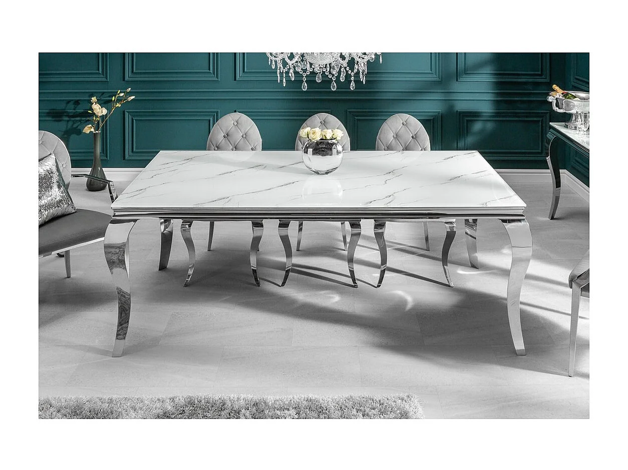 Table de salle à manger VELENA 180 cm – Plateau en verre effet marbre blanc – Structure en acier argenté