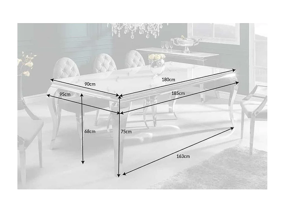 Table de salle à manger VELENA 180 cm – Plateau en verre effet marbre blanc – Structure en acier argenté