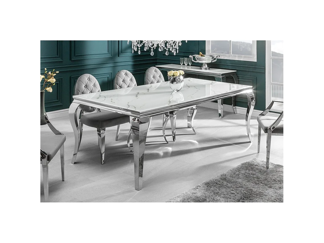 Eettafel VELENA 180 cm - Blad van wit marmer effect glas - Frame van verzilverd staal