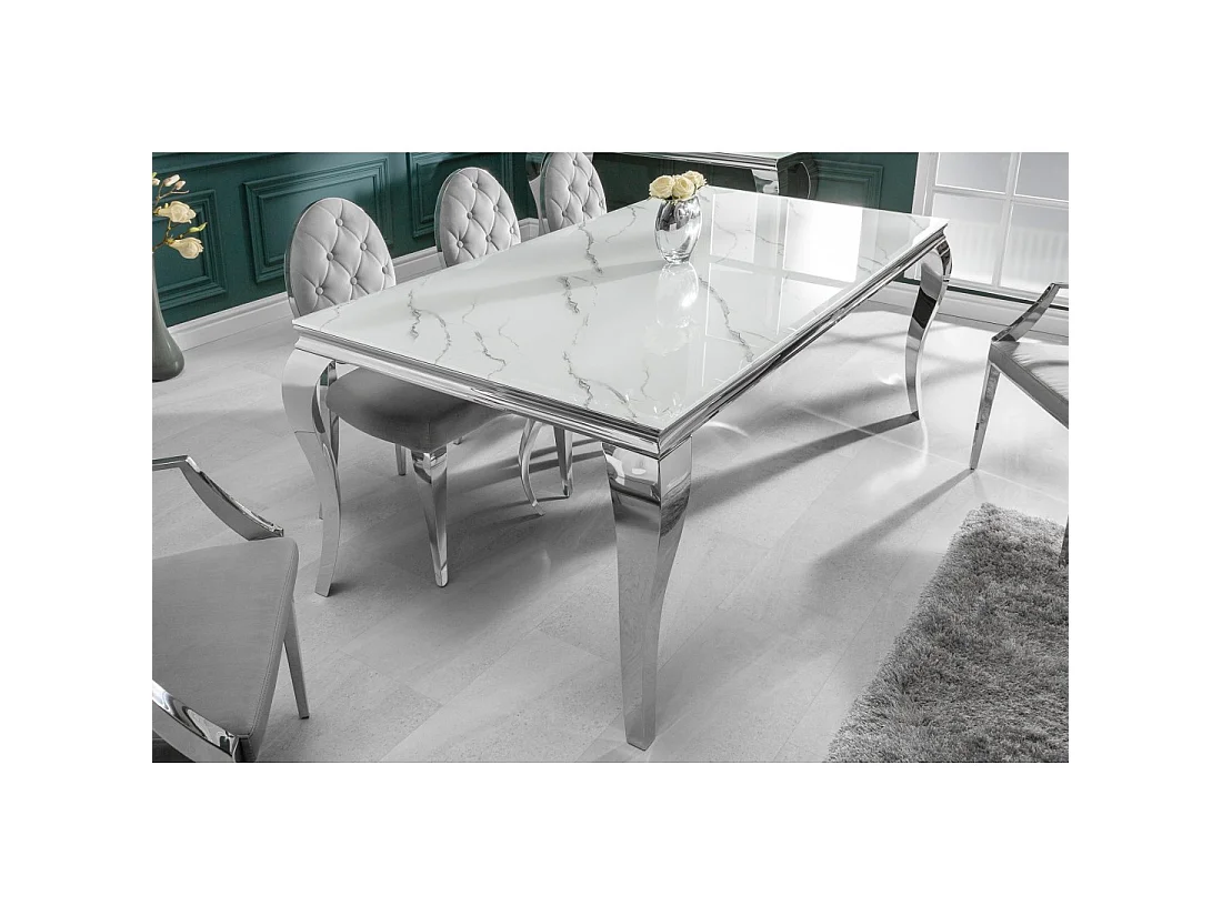 Eettafel VELENA 180 cm - Blad van wit marmer effect glas - Frame van verzilverd staal