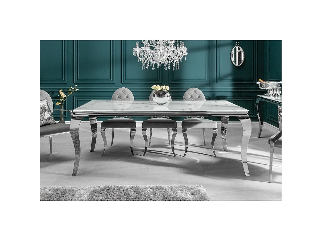 Eettafel VELENA 180 cm - Blad van wit marmer effect glas - Frame van verzilverd staal