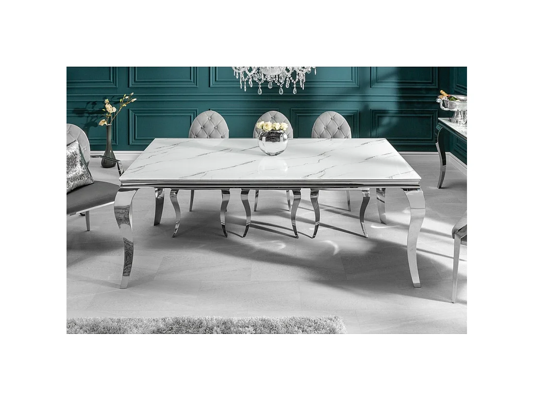 Eettafel VELENA 180 cm - Blad van wit marmer effect glas - Frame van verzilverd staal