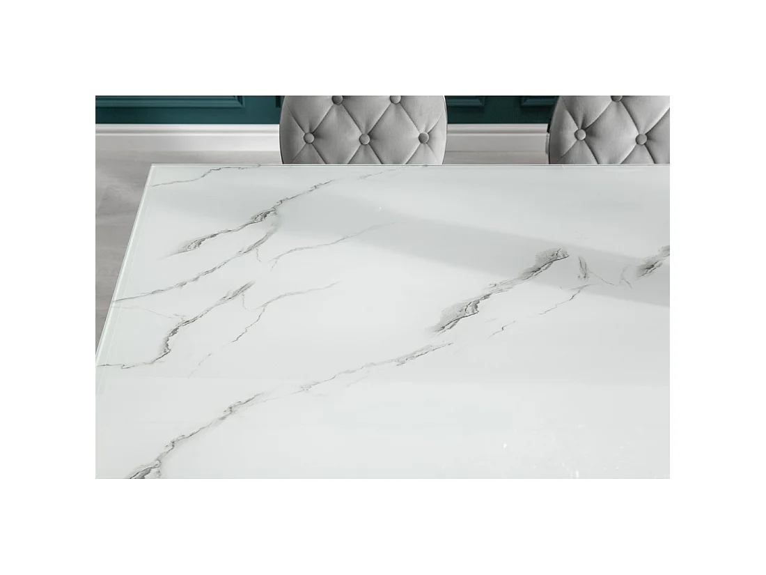 Eettafel VELENA 180 cm - Blad van wit marmer effect glas - Frame van verzilverd staal