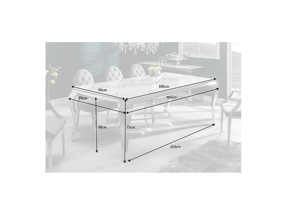 Eettafel VELENA 180 cm - Blad van wit marmer effect glas - Frame van verzilverd staal