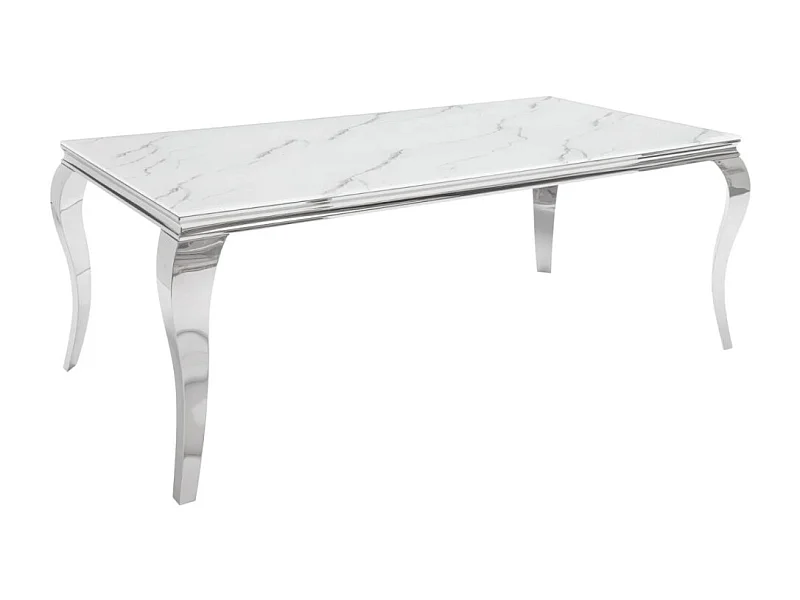 Table VELENA 200 cm – Plateau en verre effet marbre blanc – Structure en acier argenté