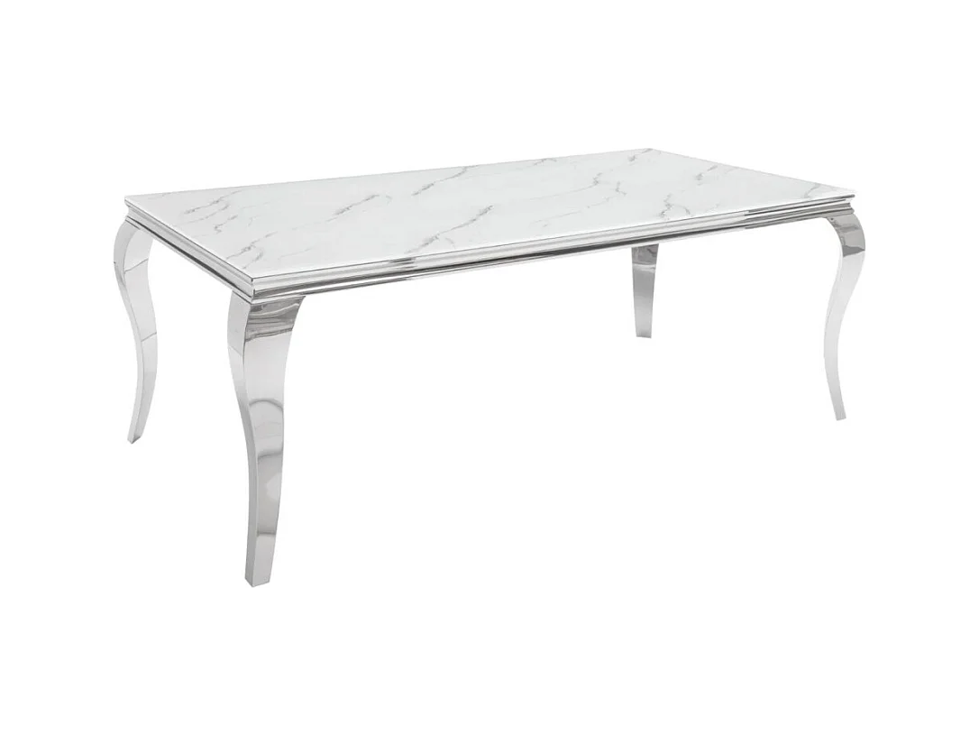 Table VELENA 200 cm – Plateau en verre effet marbre blanc – Structure en acier argenté