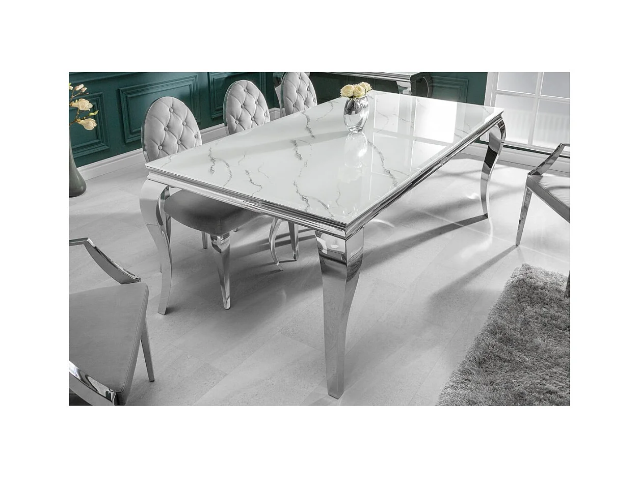 Table VELENA 200 cm – Plateau en verre effet marbre blanc – Structure en acier argenté