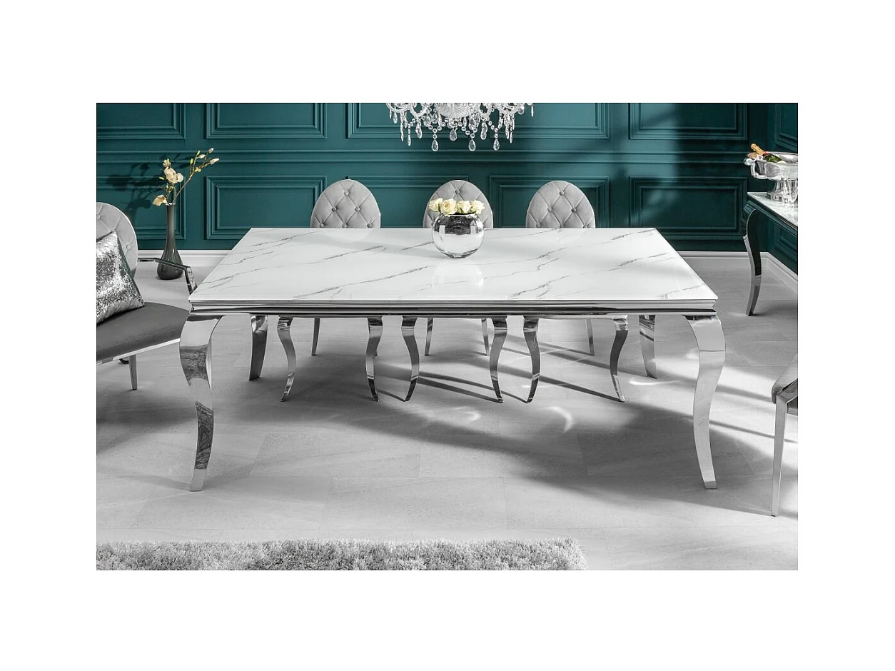 Table VELENA 200 cm – Plateau en verre effet marbre blanc – Structure en acier argenté